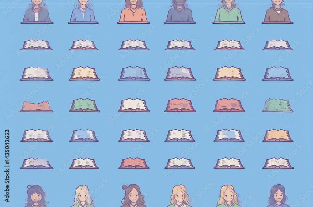 Aufkleber a grid showcases diverse avatars above a collection of open books, each book displaying a unique pas