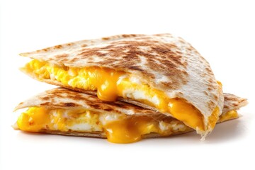 Delicious egg and cheese quesadilla served on a white background in a stack close up shot