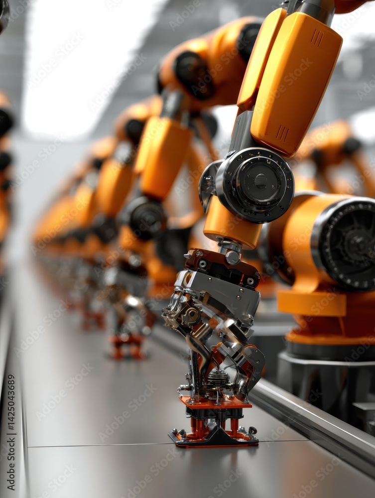 Poster automation factory line of orange robot arms performing repetitive industrial tasks high tech innova