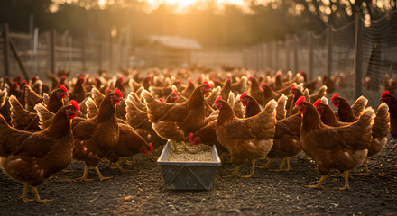 Hen Farm At Sunset With Free Range Hens Feeding In The Evening Light