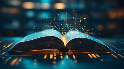 Futuristic Book with Digital Data Streams, An open book with glowing digital data streams emerging from its pages