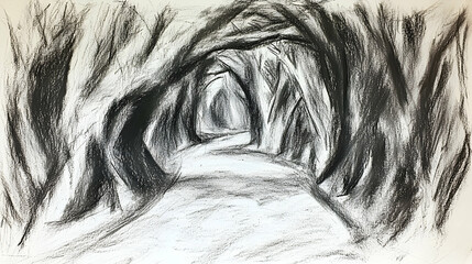 Charcoal sketch of a path leading through a dark, arched tunnel of trees.  Background is a similar shadowy forest. Ideal for fantasy, mystery, or adventure themes