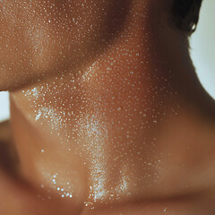 Fototapeta premium Close-up shot of a person's neck covered in sweat droplets, highlighting the details of skin