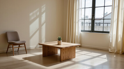 minimalistic sunlit room features wooden table with small plant, cozy chair, and soft curtains, creating serene and inviting atmosphere