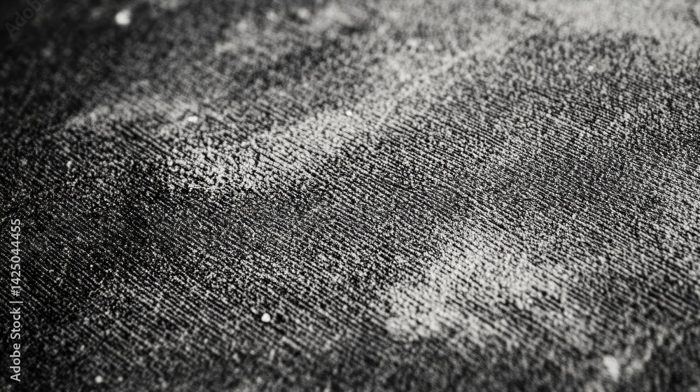Poster Close-up of a textured, dark surface with light dust or powder scattered across it, showing fine details and subtle variations in tone.