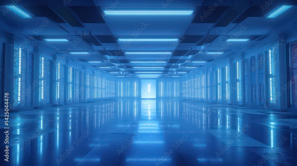 Poster cybercooled server room reflections of data and cold light in a technological cathedral