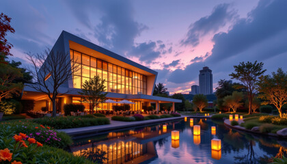 Fototapeta premium In serene urban landscape with modern building reflecting on peaceful pond at dusk scene is enhanced by lanterns and colorful flowers creating tranquil atmosphere
