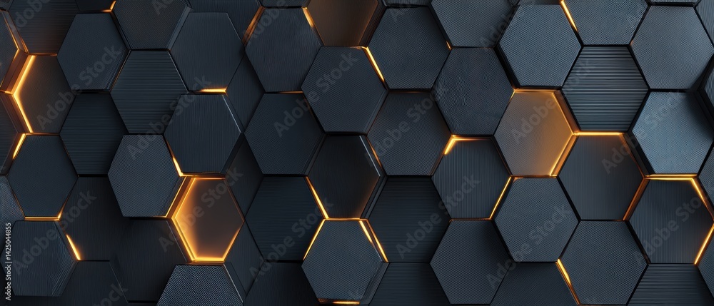 Poster abstract honeycomb structure with glowing lights modern digital background with black hexagons