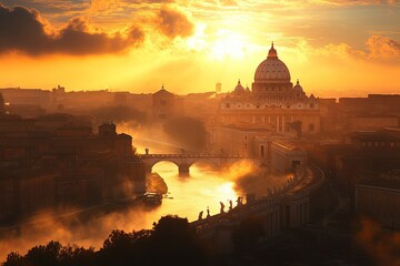 Obraz premium The golden hour illuminates a city with historical architectural structures