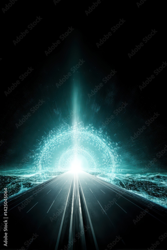 Poster highway vanishing point with abstract portal and neon light future tunnel concept digital network