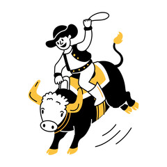A character doing bull ride, hand drawn style illustration 
