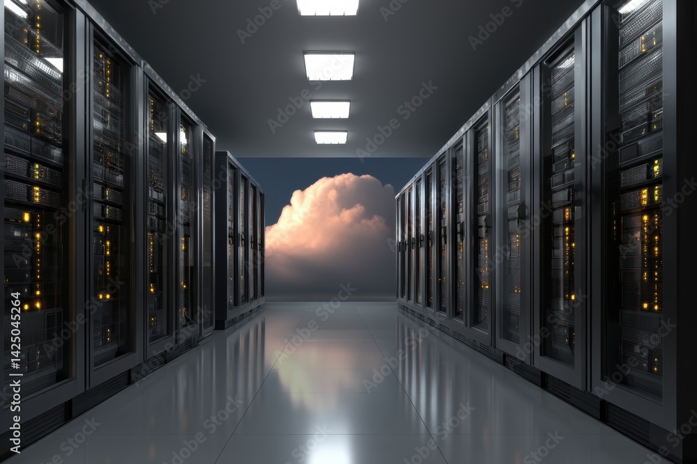 Poster futuristic data center server room concept illuminated servers cloud computing technology horizon