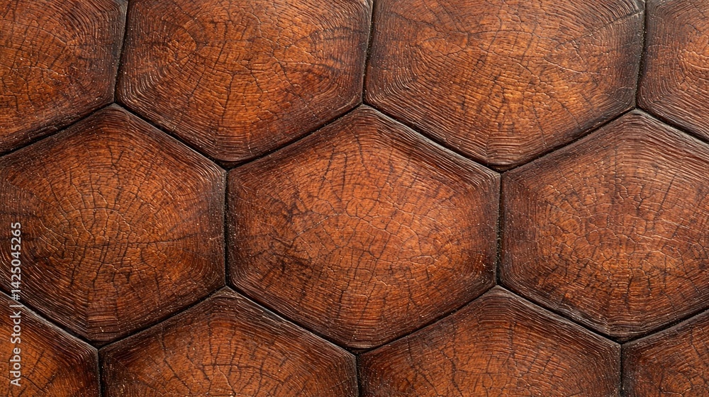 Poster a close-up view of a textured, hexagonal pattern resembling turtle shells or wooden surfaces, showca
