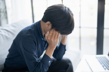 man tiredness and stress while having headache. Painful men are stressed