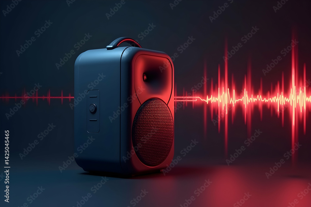 Poster a minimalist portable speaker emitting pulsating sound waves creates an immersive and visually engag