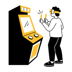 A character experiences vr gaming, hand drawn style illustration 

