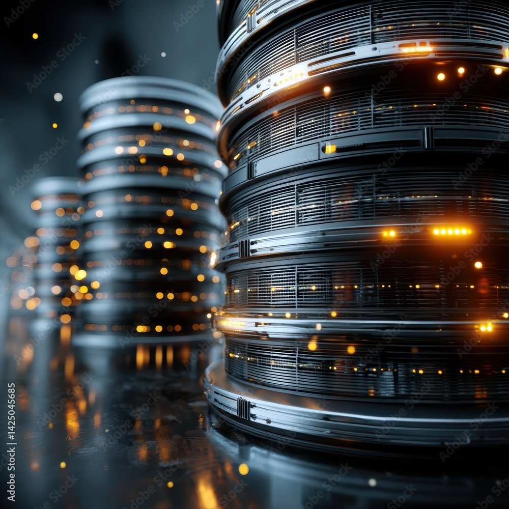 Aufkleber metallic circles in stacked composition digital structure with glowing orange particles and reflecti
