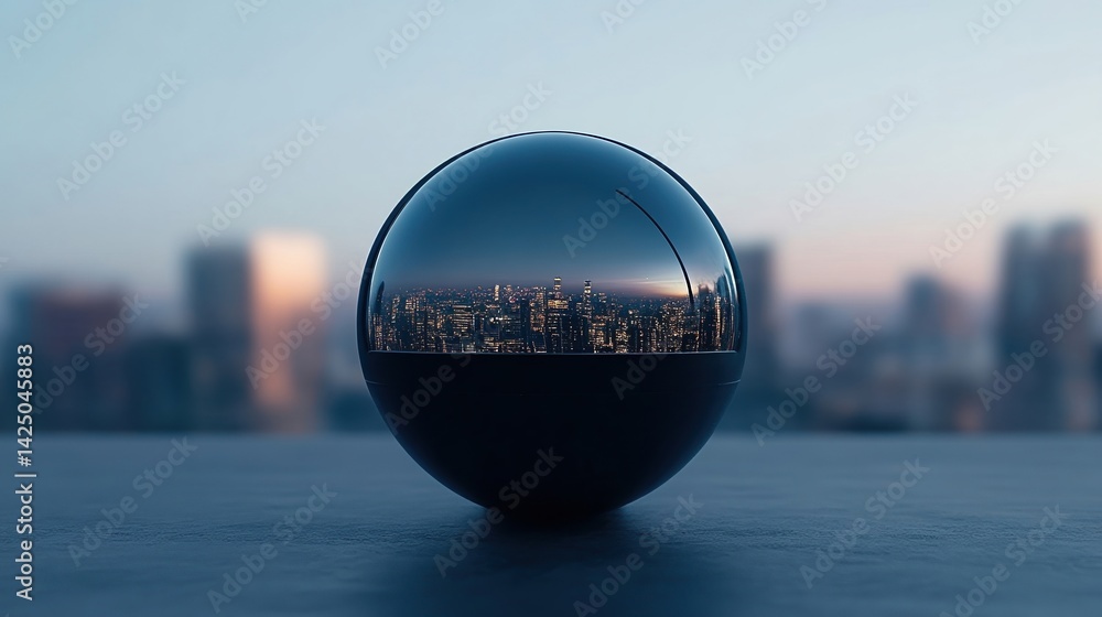 Poster a reflective sphere captures a city skyline, blending modern architecture with a serene atmosphere, 