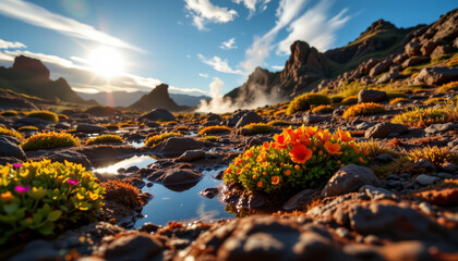 vibrant geothermal landscape features colorful flowers blooming amidst rocky terrain, with steam rising from ground and mountains in background, creating serene and picturesque scene