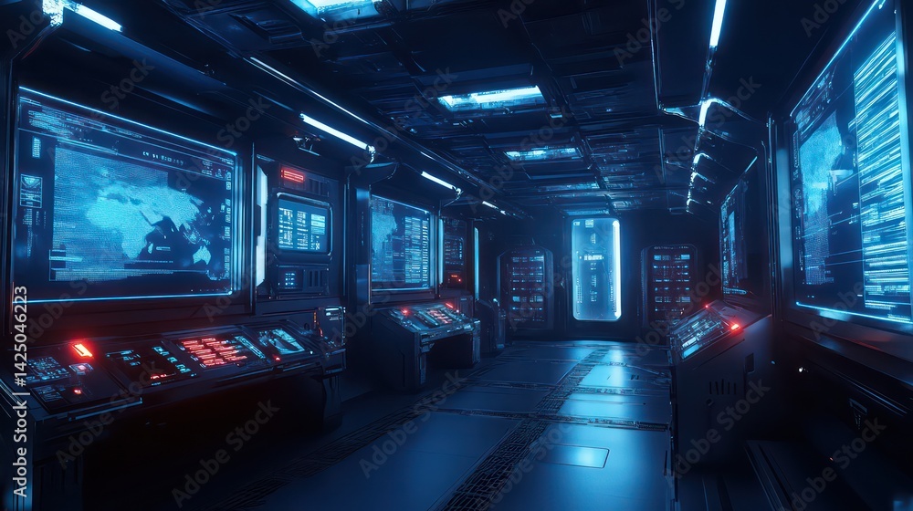 Poster cyberpunk control room screens glow data streams a futuristic hub for monitoring the digital world