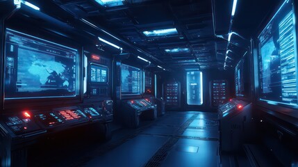 Cyberpunk control room screens glow data streams a futuristic hub for monitoring the digital world