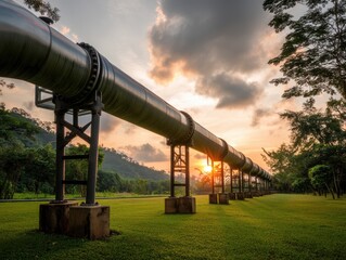 Industrial pipeline stretching toward the horizon across a vibrant green field at sunset nature and infrastructure