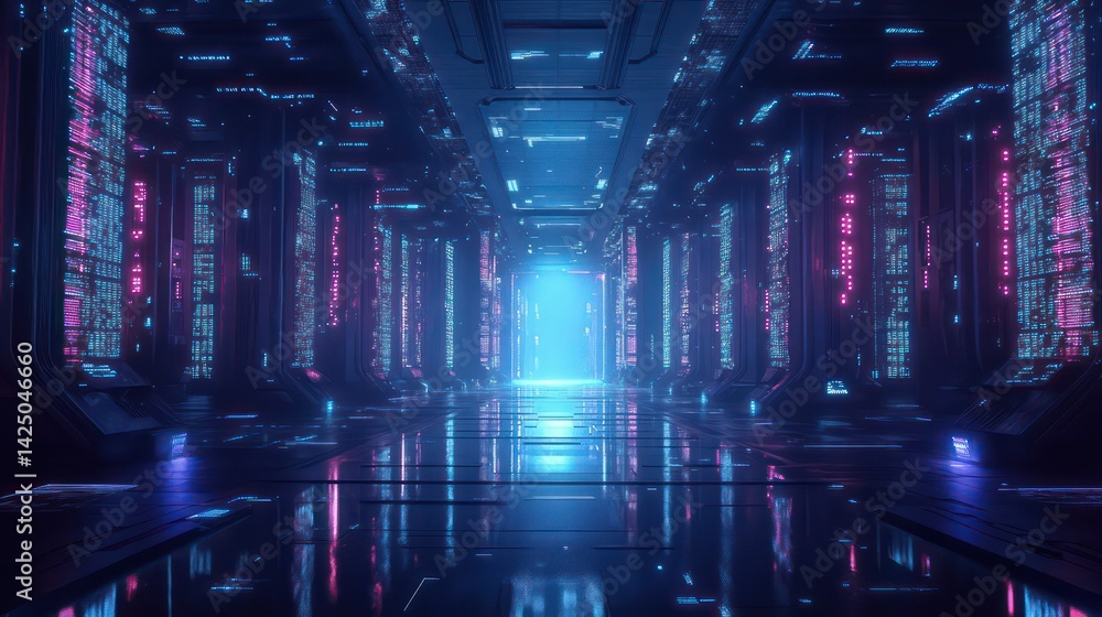 Aufkleber cyberpunk data center a futuristic corridor bathed in neon light and teeming with digital informatio