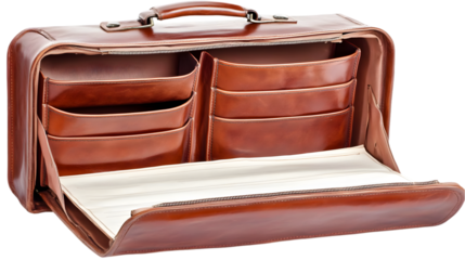 Detailed Photo of an Open Brown Leather Briefcase with Internal Compartments on Transparent Background