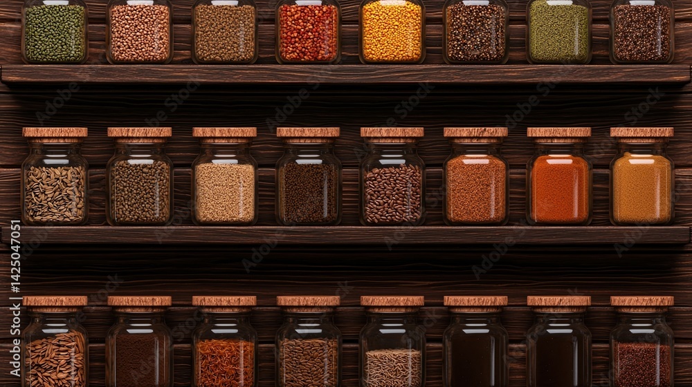 Poster a collection of various spices displayed in labeled jars on wooden shelves, creating an organized an