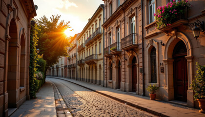 Fototapeta premium picturesque street lined with charming buildings, bathed in warm sunlight during sunset. cobblestone path invites leisurely strolls, while vibrant flowers add touch of color to serene atmosphere