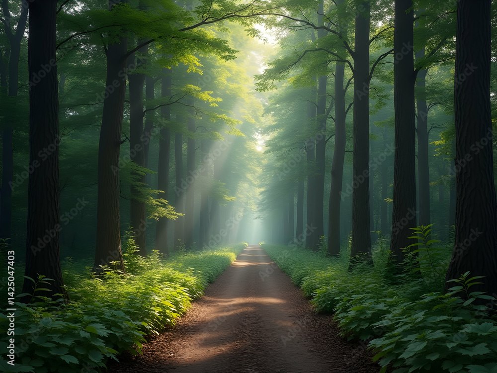 Poster a serene path winding through a lush forest landscape with dappled sunlight filtering through the tr
