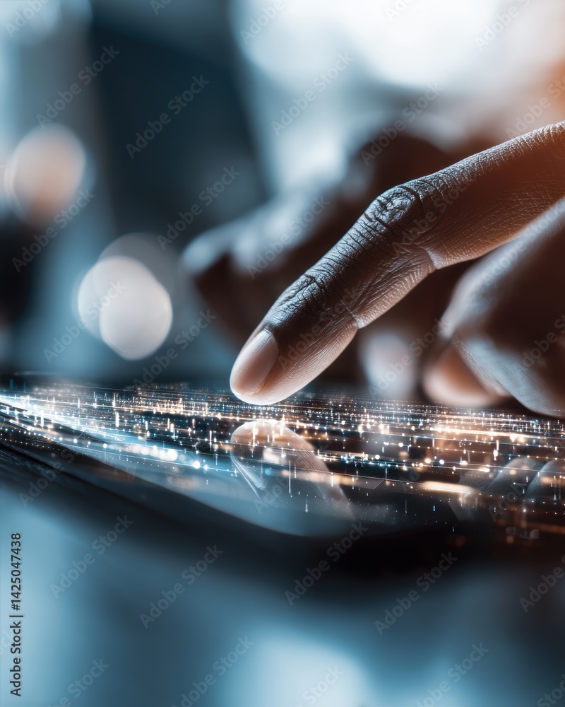 Aufkleber close up vibrant image showing a person using tablet for digital connection and communication techno
