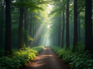 Obraz premium A serene path winding through a lush forest landscape with dappled sunlight filtering through the trees creating an inviting and peaceful atmosphere