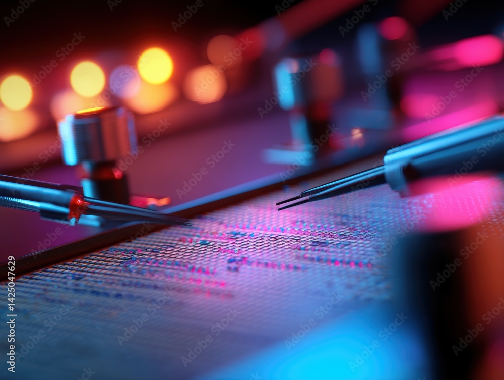 Poster microscopic precision examining computer chip with precision tweezers under neon lights dark backgro