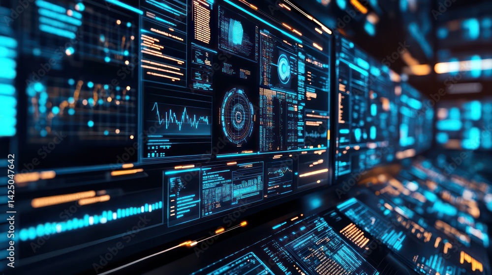 Poster data stream a vast hall of luminous screens showing code analytics