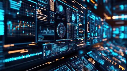 Data stream A vast hall of luminous screens showing code  analytics