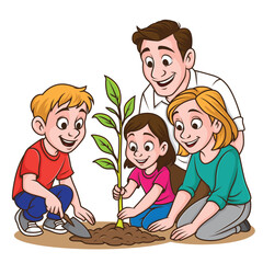 Happy Family Planting Tree Together – Cartoon Illustration for Arbor Day and Environmental Campaigns