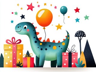 Naklejka premium A colorful dinosaur with balloons among birthday gifts and stars, perfect for celebrations.