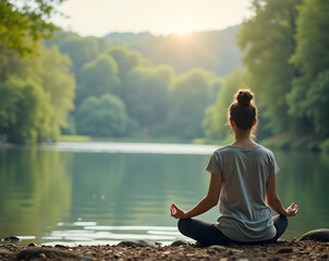 A serene young woman practicing mindful meditation by a tranquil lake at sunrise, finding inner peace and balance amidst nature's beauty and calmness