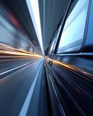 Speeding car in a tunnel capturing dynamic motion blurry light trails and metallic vehicle side view artistic abstract