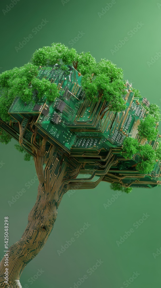 Poster futuristic green computer tree composed of circuit boards conveying technology connection and nature