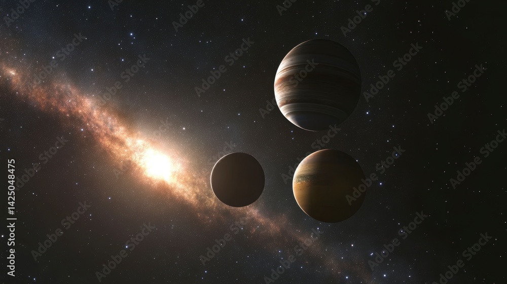 Poster three planets orbiting a star in a galaxy.