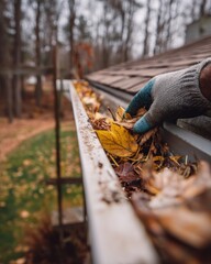Removing Autumnal Leaves from Gutter Protecting Home Exterior During Fall Weather Cleaning Process Outdoor