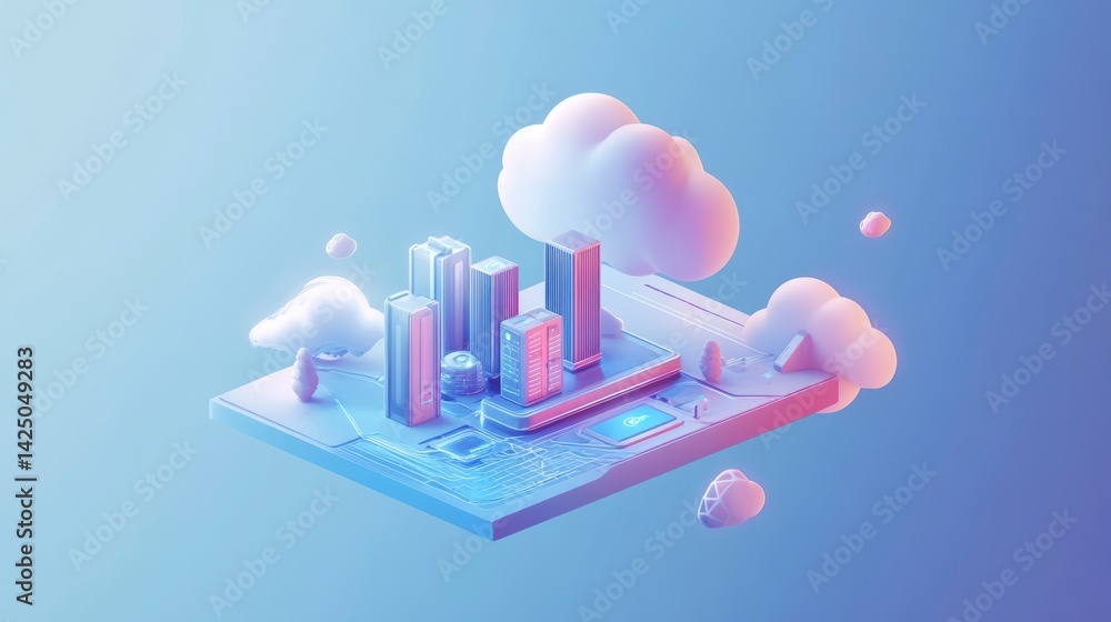 Poster Isometric city skyline on a digital circuit board with clouds, representing cloud computing and data storage.