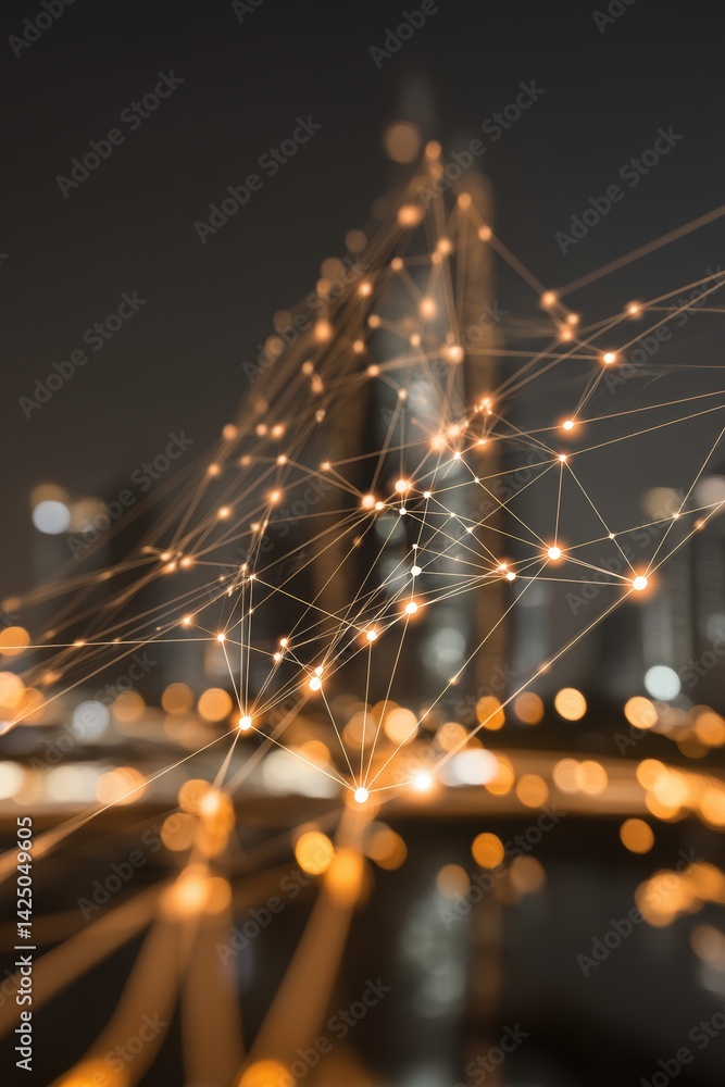 Poster futuristic network communication with blurred urban landscape vibrant nodes and intersecting lines