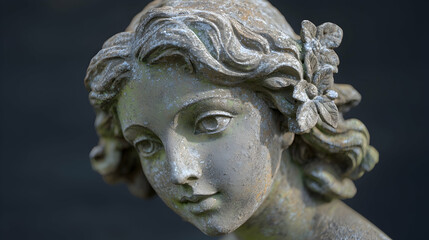 Weathered stone statue of young woman with flowers in hair, close-up against dark background, suitable for art or history projects