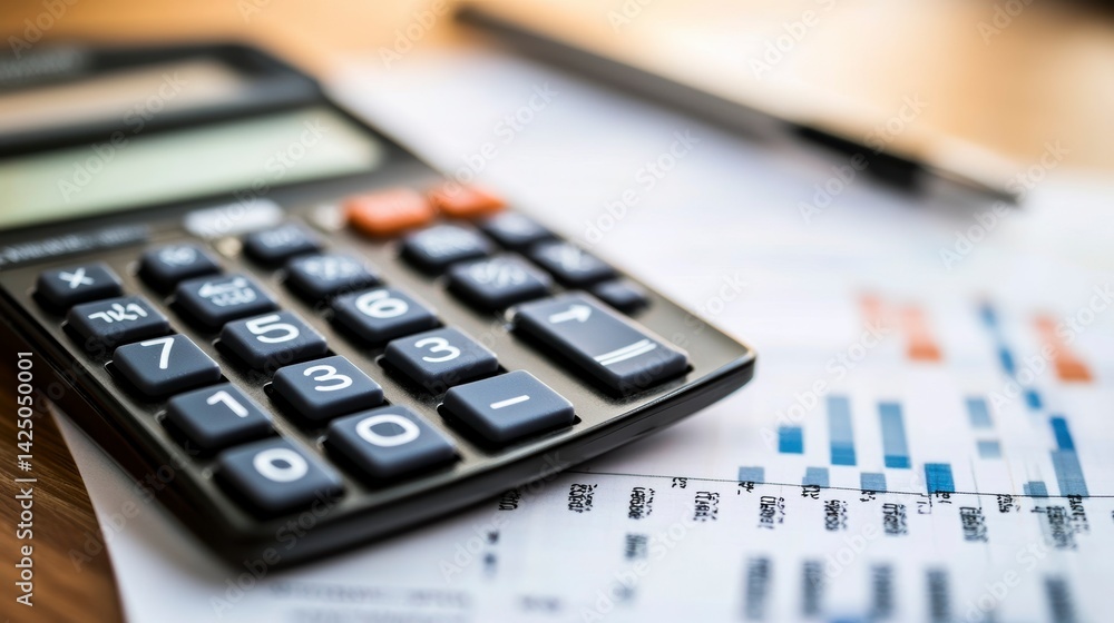 Poster Close-up of calculator on financial report with bar graph; business concept.
