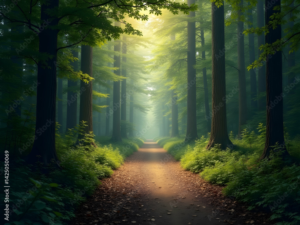 Poster a tranquil forest path beckons with dappled sunlight filtering through towering trees, creating a se