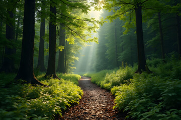 Obraz premium A tranquil pathway winds through a verdant forest, inviting exploration and offering a sense of serenity and peace amidst the lush greenery and natural light