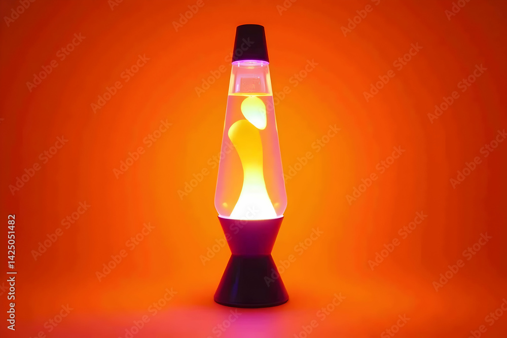 Poster a vibrant neon lava lamp casting a retro glow on a warm orange canvas, perfect for adding a touch of